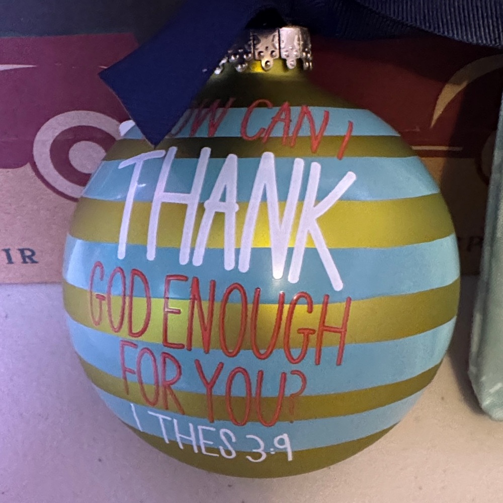 Scripture Ornament Blue and Gold 1 Thes. 3:9